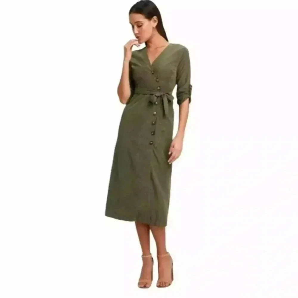 Lulu's pull me close olive green long sleeve maxi dress faux suede butto…